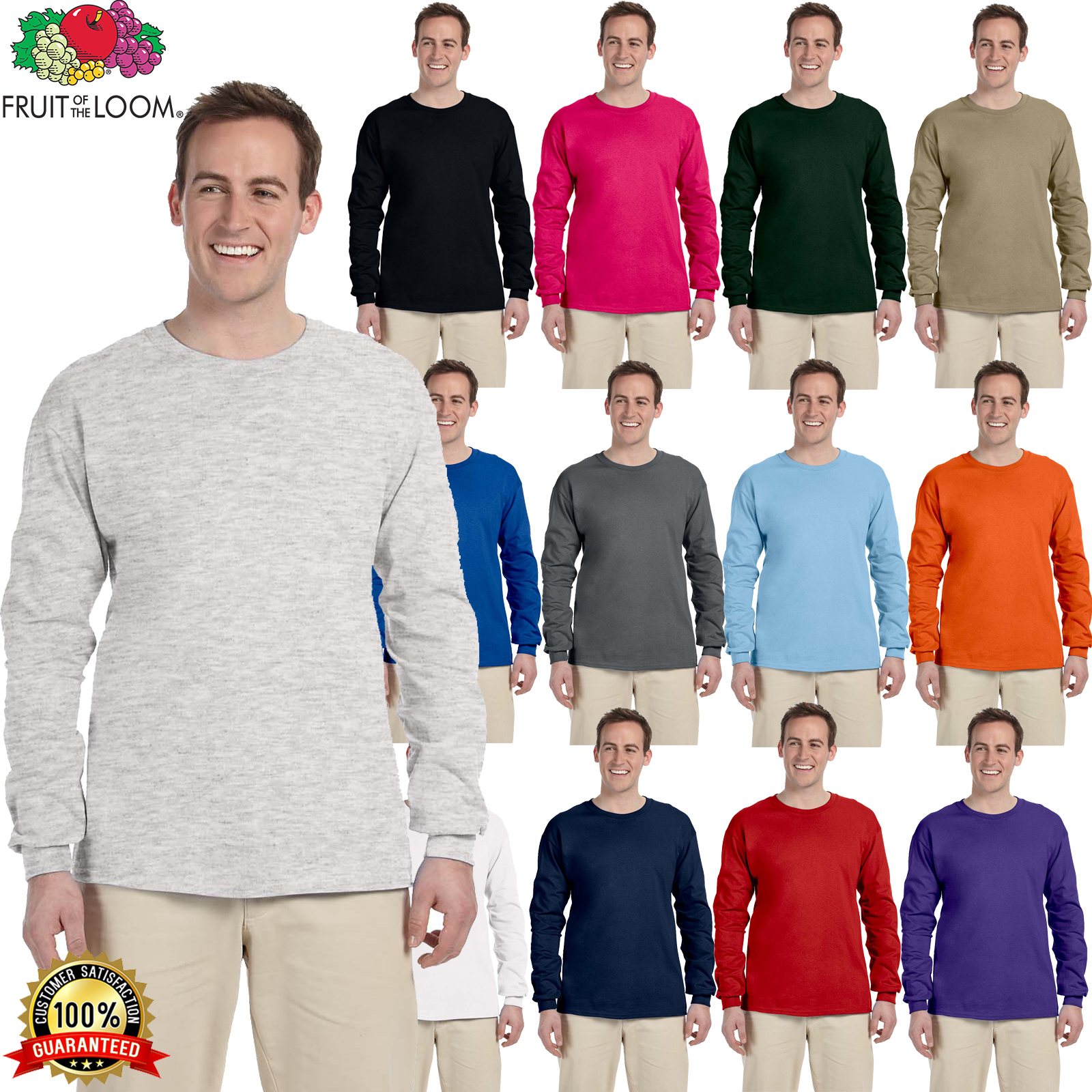 Fruit Of The Loom Mens Plain T-Shirt Long Sleeve 4930 100% HD Cotton T ...