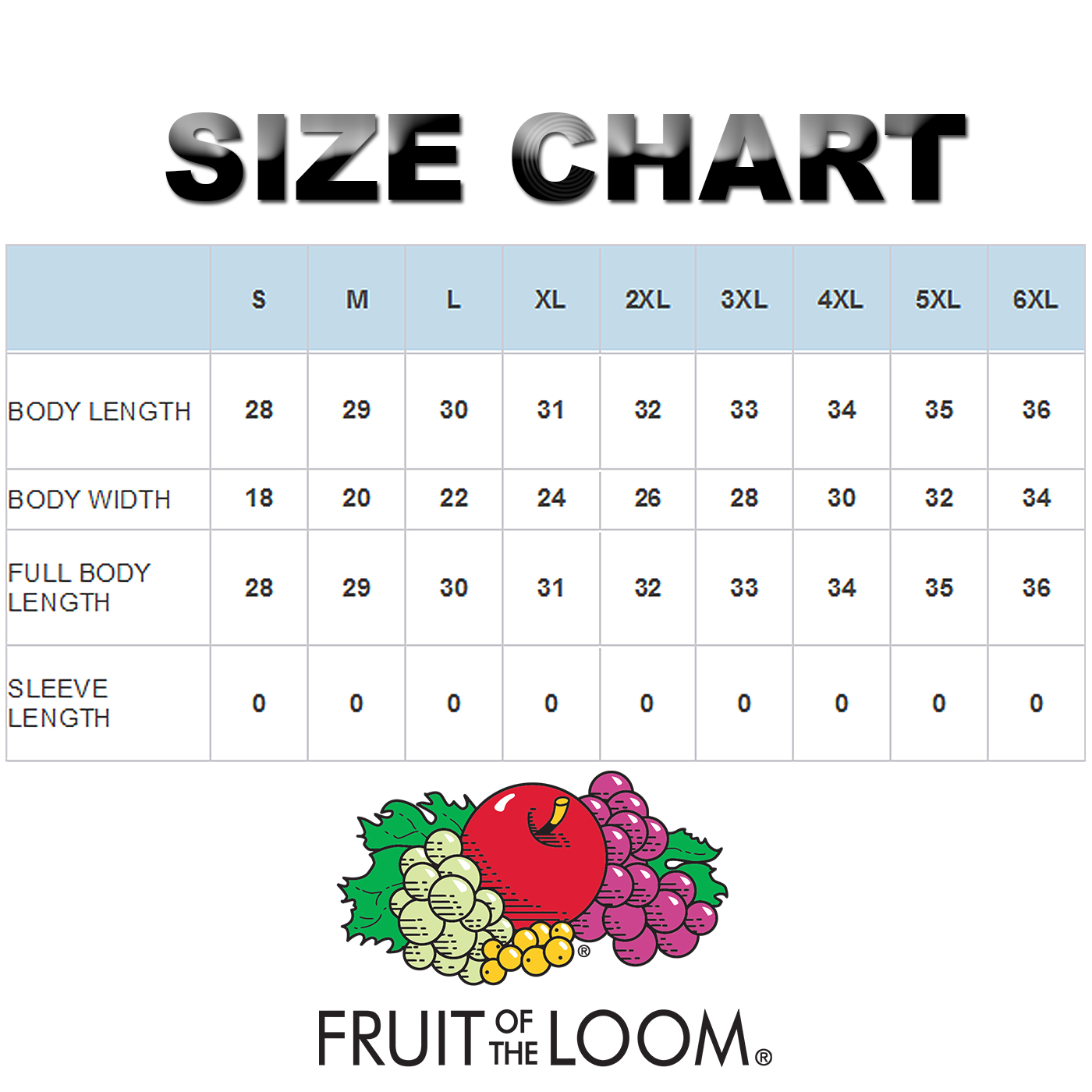 Fruit Of The Loom Apparel Size Chart