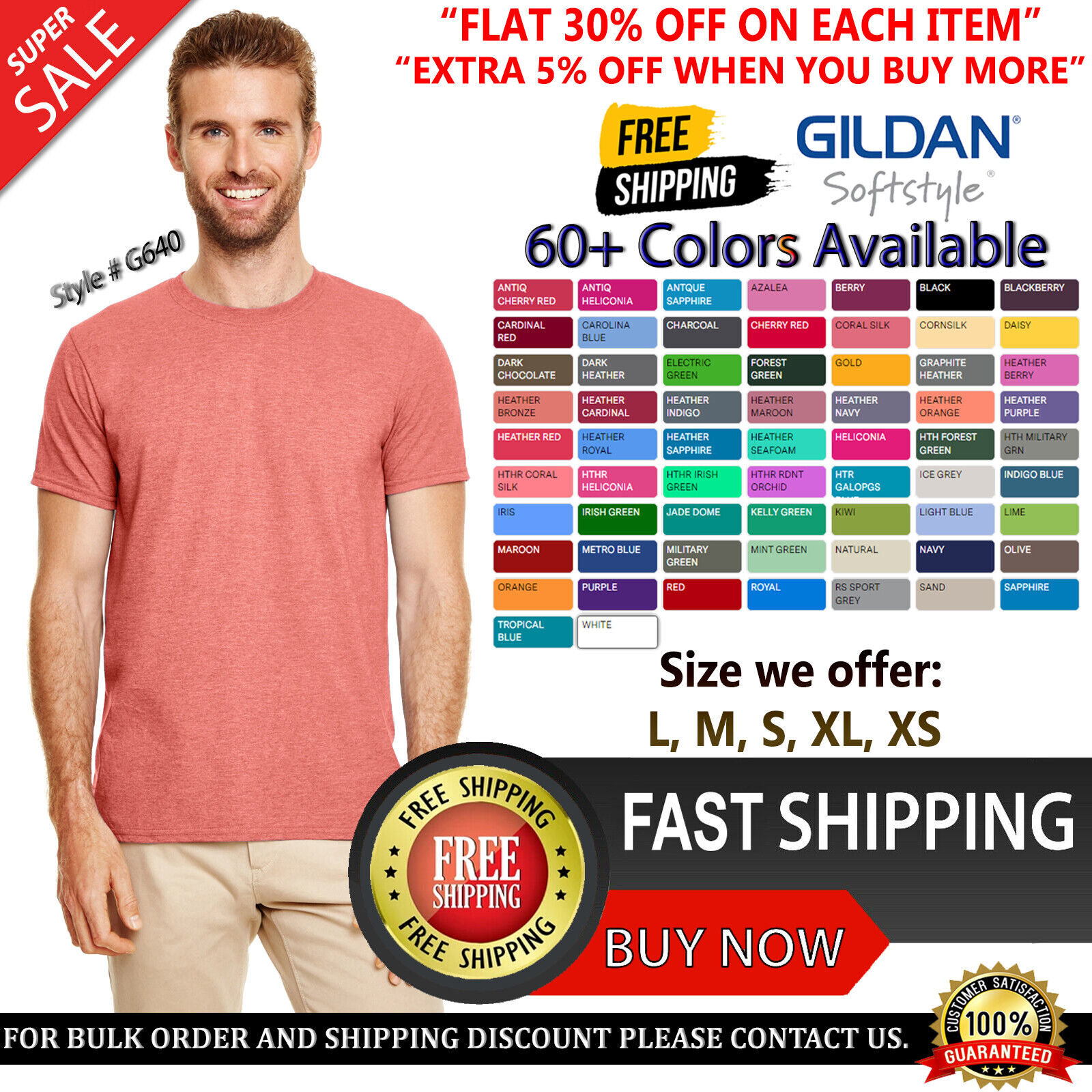 Gildan G640 Adult Softstyle T-Shirt Ringspun Cotton Crew