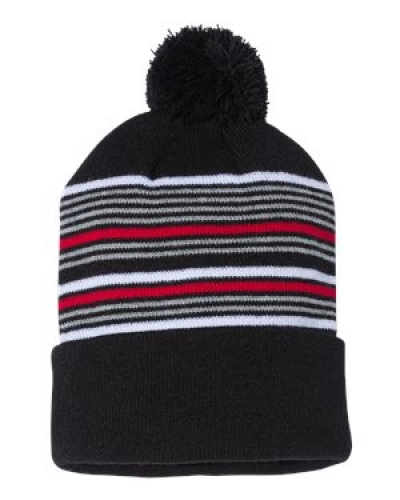 Sportsman SP60 12" STRIPED Pom-Pom Cuffed Beanie