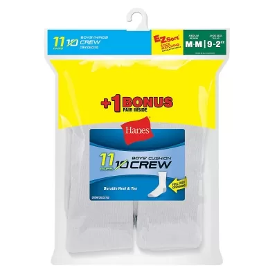 Hanes EZ-Sort Boys Crew Socks 11-Pack (Includes 1 Free Bonus Pair)