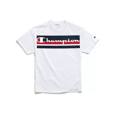 Champion Mens Classic Jersey Tee, Logo with Stripes