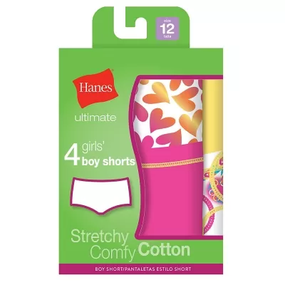 Hanes Ultimate TAGLESS Cotton Stretch Girls Boy Shorts 4-Pack