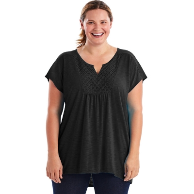 Just My Size Short-Sleeve Slub-Jersey Womens Tunic with Split V-Neck Crochet Bib Yoke