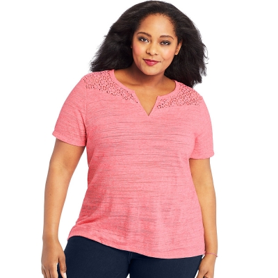 Just My Size Short Sleeve Lace Peasant Top
