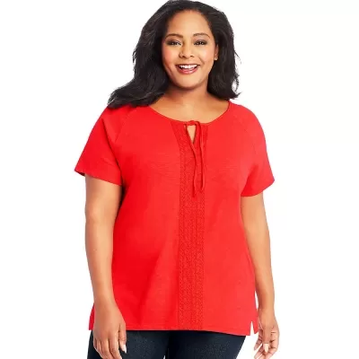Just My Size Split Neck Lace Front Top