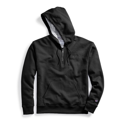 Champion Mens Powerblend Fleece Quarter Zip Hoodie, Embroidered Logo