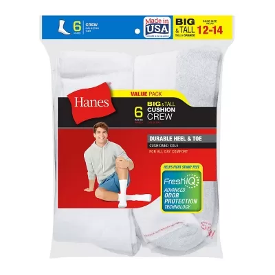 Hanes Men's Big & Tall Cushion Crew Socks 6-Pack
