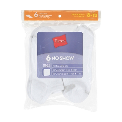 Hanes Women's Cool Comfort No Show Socks Extended Sizes 8-12, 6-Pack
