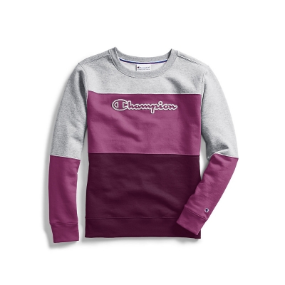 Champion Women's Powerblend Colorblock Crew, Chainstitch Outline Logo