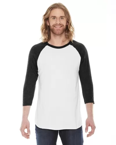 American Apparel BB453 Unisex Poly-Cotton USA Made 3/4-Sleeve Raglan T-Shirt