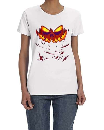 USTRADEENT Women's Heavy Cotton Halloween Shirt with Angry Scary Pumpkin on Fire UG500LHLOW2