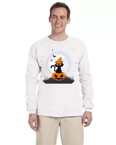 USTRADEENT Halloween Long Sleeves Spooky Cat Pumpkin Graphic Shirts UG240HLOW3