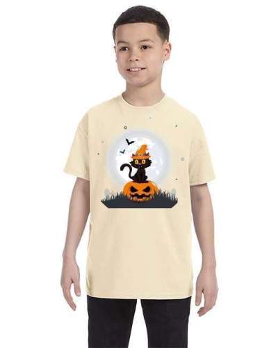 USTRADEENT Youth Black Cat Witch Hat On Pumpkin T-Shirt UG500BHLOW3