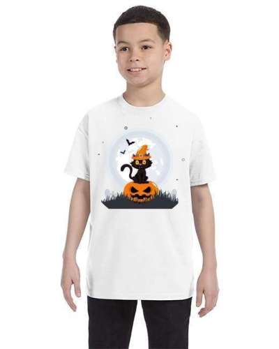 USTRADEENT Youth Black Cat Witch Hat On Pumpkin T-Shirt UG500BHLOW3