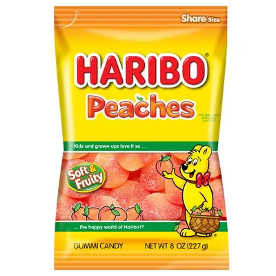 HARIBO Peaches Gummy Candy, 8oz Peg Bag