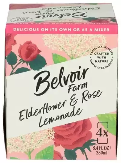 Belvoir Fruit Farms, Elderflower and Rose Lemonade Sparkling Soft Drink, 8.4 Oz X 4 Count (Case of 6