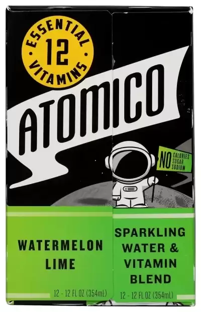 Atomico Sparkling Water. 12 Essential Vitamins From Our Proprietary Organic Blend. Naturally Flavore