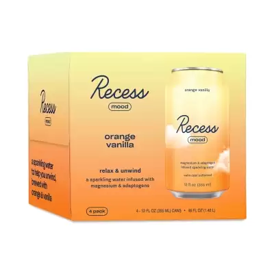 Recess Magnesium Infused Sparkling Water, Orange Vanilla 4 Cans (12 Fl Oz Each)