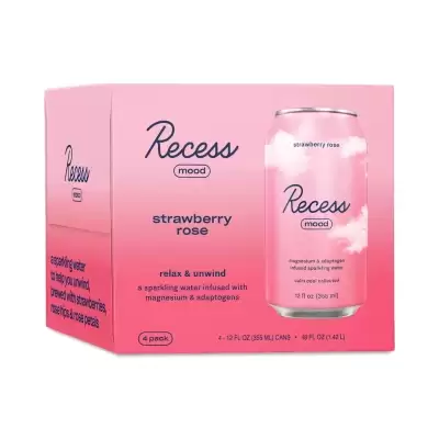 Recess Magnesium Infused Sparkling Water, Strawberry Rose 4 Cans (12 Fl Oz Each)