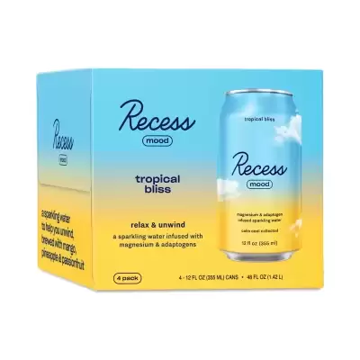 Recess Magnesium Infused Sparkling Water, Tropical Bliss 4 Cans (12 Fl Oz Each)