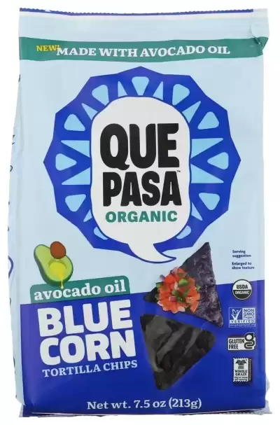 Que Pasa Organic Avocado Oil Blue Corn Tortilla Chips, 7.5 Oz, Gluten Free, Non-Gmo, By Nature'S Pat
