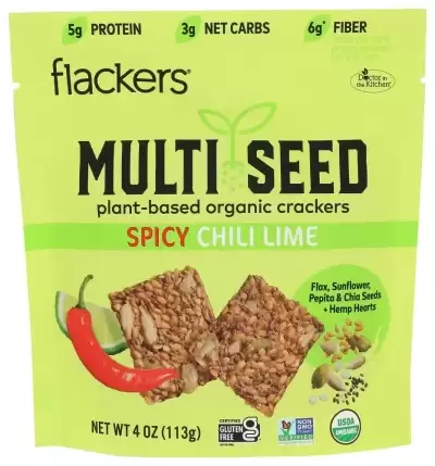 Flackers, Multi Seed, Plant-Based Organic Crackers, Spicy Chili Lime, 4 Oz (113 G)