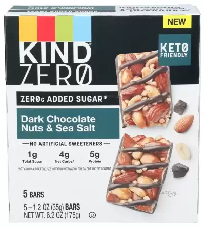 Kind Zerog, Added Sugar Bars, Keto Friendly Snacks, Dark Chocolate Nuts And Sea Salt, 5 Ct, 6.2 Oz