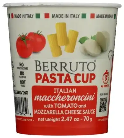 Berruto Individual Pasta Cup 2.4 Oz, Pomodoro Mozzarella Recyclable Microwave Pasta Food Meals No Pa