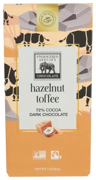 Endangered Species Chocolate 72% Cocoa Dark - Hazelnut Toffee 3 Oz Bars