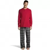 Hanes Mens Henley Crew with Flannel Pant PJ Set