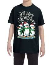 Youth Cute Penguins Santa Hats Merry Christmas Xmas Shirt