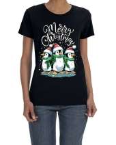 Women's Cute Penguins Santa Hats Merry Christmas Xmas Shirt