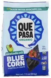 Que Pasa Organic Avocado Oil Blue Corn Tortilla Chips, 7.5 Oz, Gluten Free, Non-Gmo, By Nature'S Pat