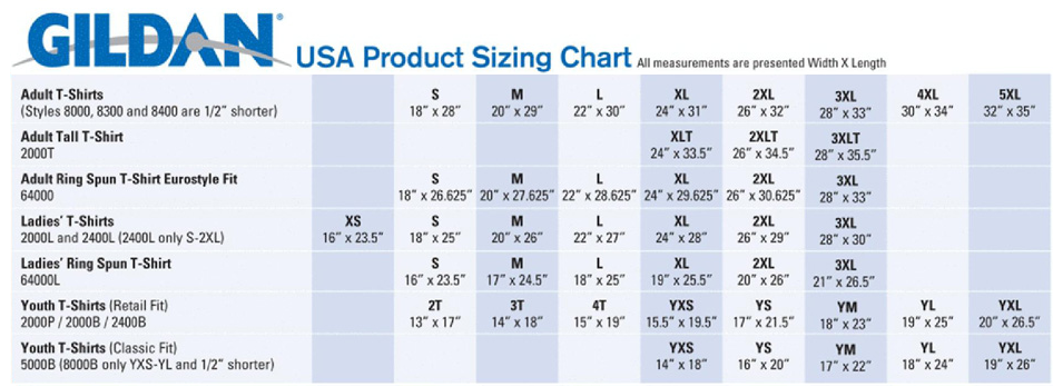 Gildan Softstyle Ringspun Size Chart