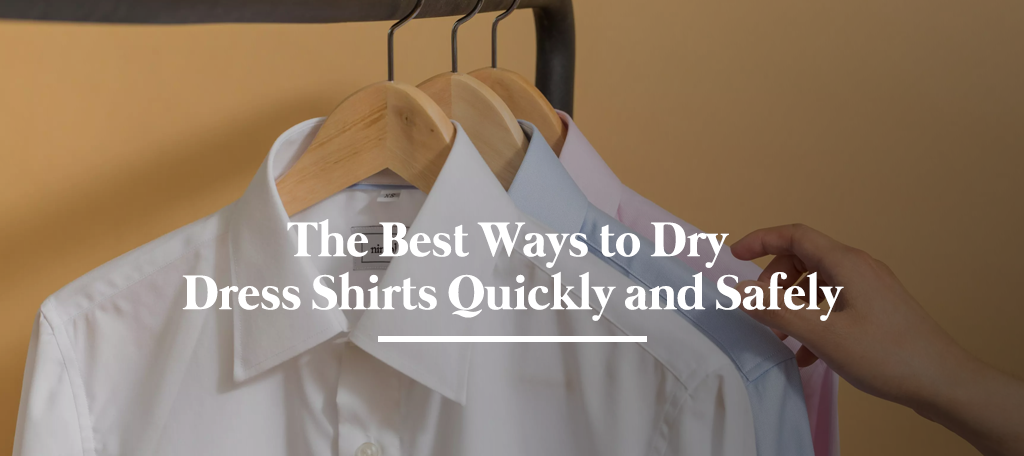 Infographic showing different methods to dry a dress shirt including air-drying, towel roll method, and low-heat machine drying.
