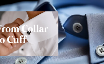 Blue dress shirt with white cuff detail and text overlay “From Collar to Cuff.”