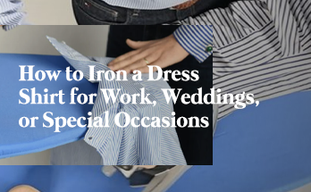 Neatly pressed dress shirt on ironing board illustrating how iron dress shirt for a wrinkle-free finish.