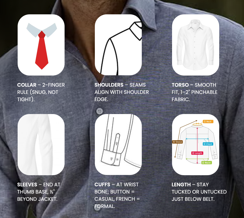 Dress shirt fit guide infographic showing collar, shoulders, torso, sleeves, cuffs, and length.
