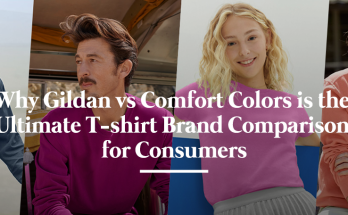 Side-by-side photo comparison of a Gildan Heavy Cotton T-shirt and a Comfort Colors garment-dyed T-shirt, folded neatly with tags visible.