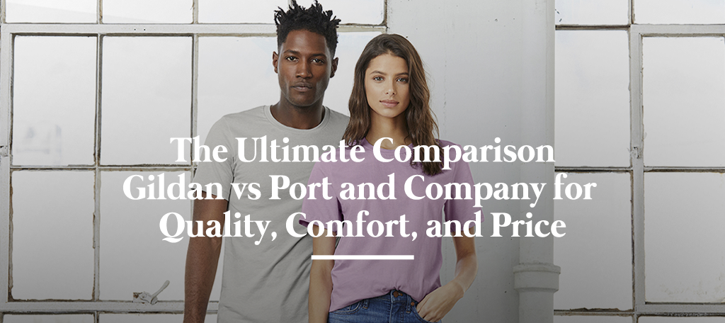 Flat lay photo comparing Gildan T-shirt in a classic color and Port & Company T-shirt in a vintage washed tone