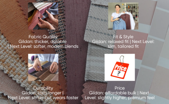 Infographic comparing Gildan and Next Level across fabric quality durability pricing and fit