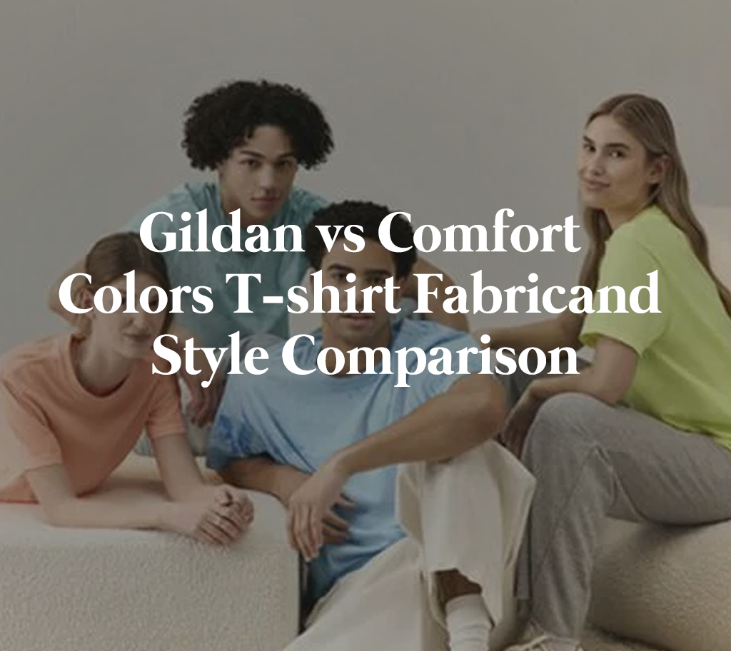 Four people wearing colorful Gildan and Comfort Colors sweatshirts and T-shirts, with text overlay highlighting a brand comparison between Gildan vs Comfort Colors.