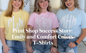 Texas print shop owner checking printed Comfort Colors t-shirts in her studio