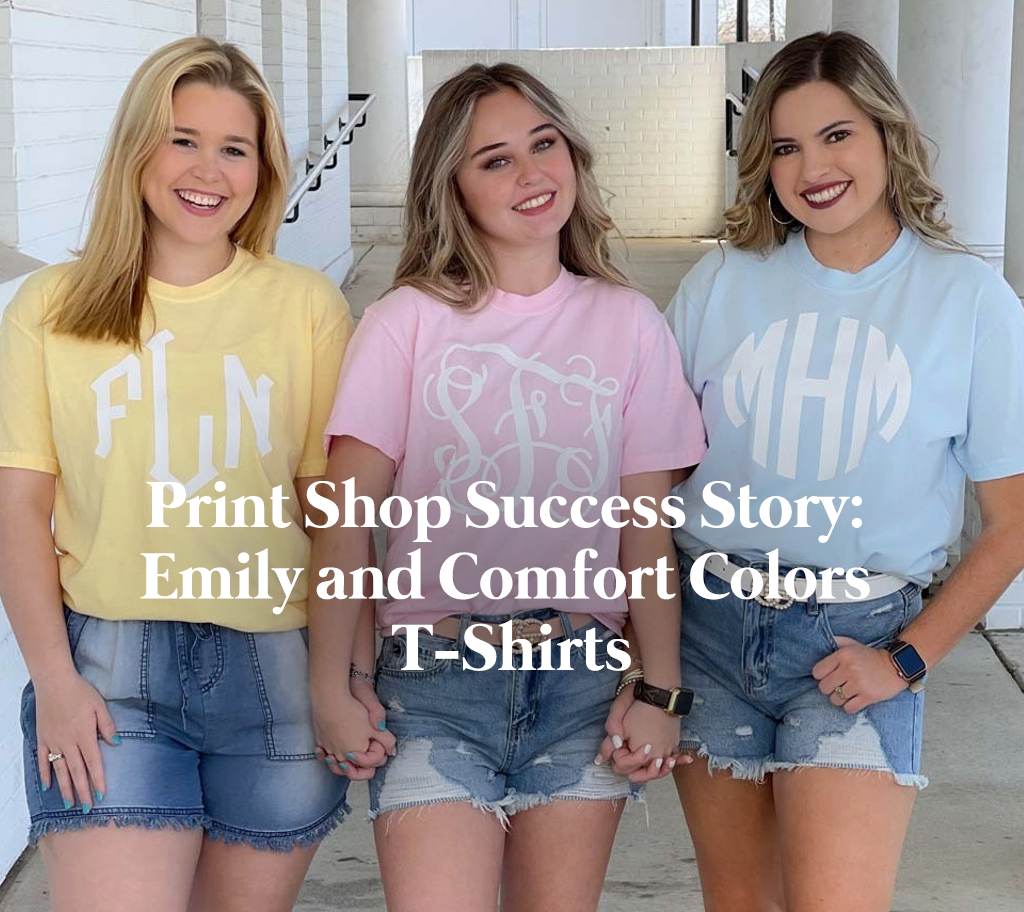 Texas print shop owner checking printed Comfort Colors t-shirts in her studio